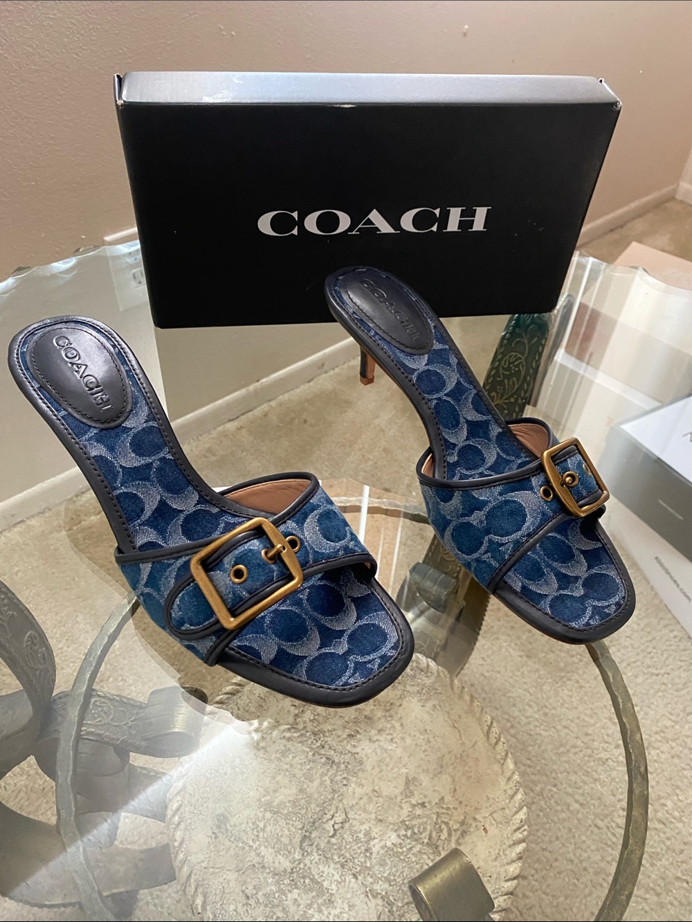 Coach Blue Signature Jacquard Buckle Slide Mules